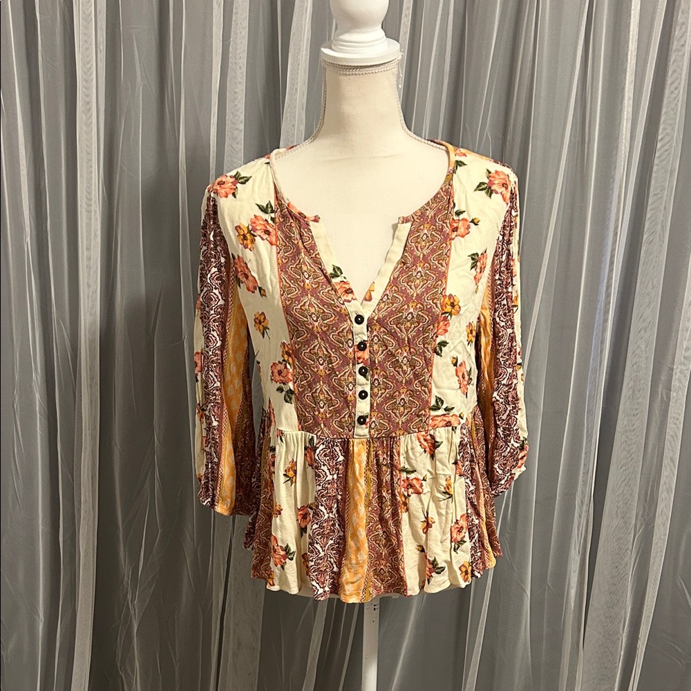 Blue Rain Patchwork Boho Multicolor Floral Peplum Style Blouse Size Large